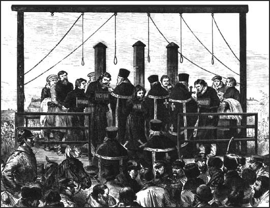 Sophia Perovskaya, Andrei Zhelyabov, Nikolai Kibalchich, Nikolai Rysakov and Timofei Mikhailov were hanged on  April 3, 1881 for killing Tsar Alexander II on March 1, 1881. 

